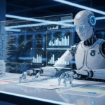 Robot conducting AI Document Review in an office environment, showcasing advanced data analysis.