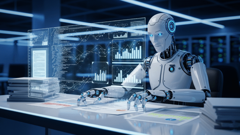 Robot conducting AI Document Review in an office environment, showcasing advanced data analysis.