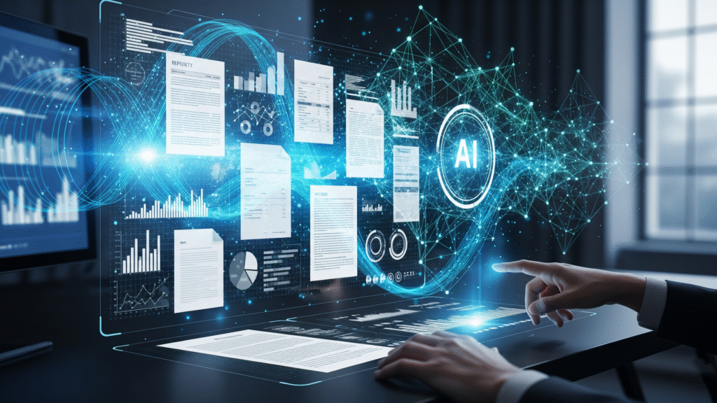 A virtual screen showcasing AI-Powered Document Analysis and data visualization.