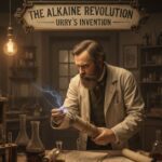 A vintage illustration shows a scientist in a lab with an early, sparking cylindrical battery prototype, amidst scientific equipment. A sign reads "The Alkaline Revolution - Urry's Invention," highlighting the Alkaline Battery Invention.