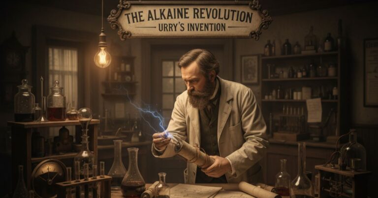 A vintage illustration shows a scientist in a lab with an early, sparking cylindrical battery prototype, amidst scientific equipment. A sign reads "The Alkaline Revolution - Urry's Invention," highlighting the Alkaline Battery Invention.