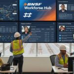 The interior of a BNSF Workforce Hub control room, featuring several computer monitors displaying real-time rail operations data and a person working at one of the stations.
