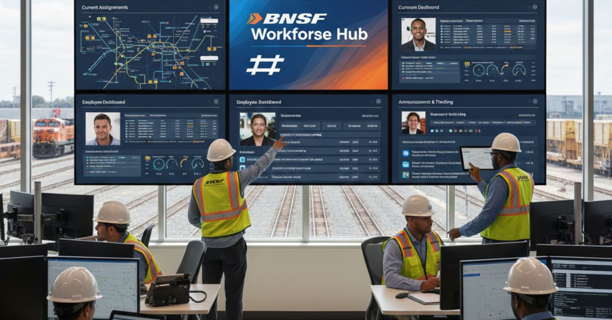 The interior of a BNSF Workforce Hub control room, featuring several computer monitors displaying real-time rail operations data and a person working at one of the stations.