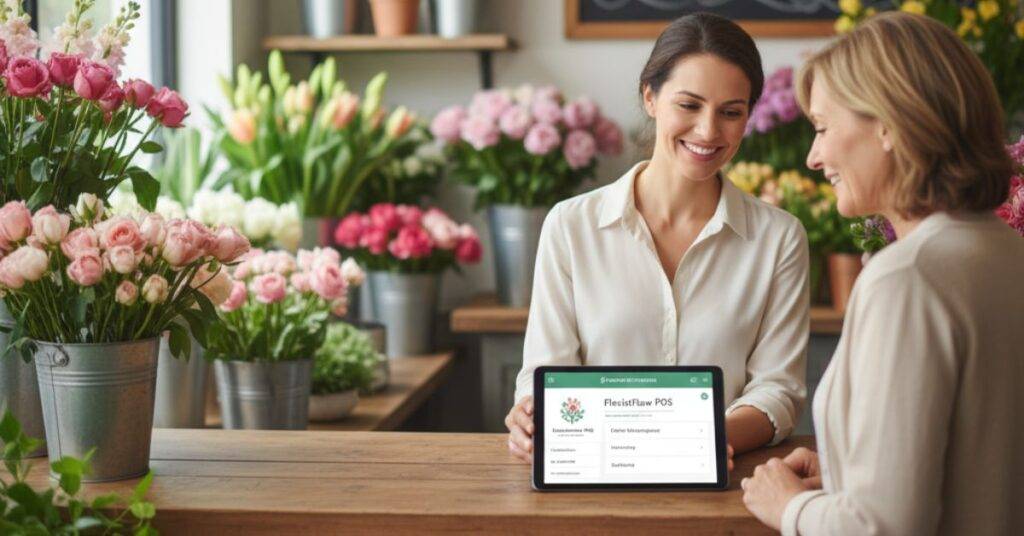 A female florist smiling and presenting a tablet with "Florist Software for Small Business" displayed on it to a female customer, surrounded by beautiful flowers in a flower shop.