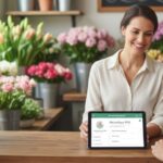A female florist smiling and presenting a tablet with "Florist Software for Small Business" displayed on it to a female customer, surrounded by beautiful flowers in a flower shop.