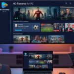 A person watches "HD Streamz for PC" on a large screen and a laptop, showcasing its interface with movies, live TV, and sports, illustrating streaming for PC.