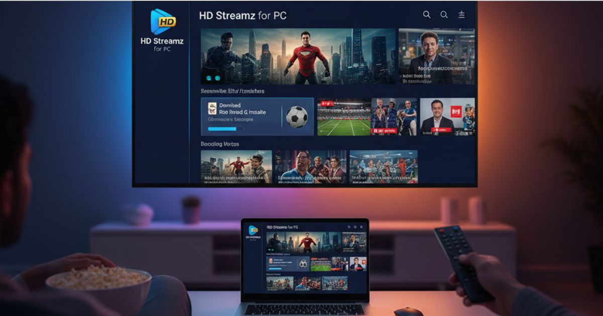 A person watches "HD Streamz for PC" on a large screen and a laptop, showcasing its interface with movies, live TV, and sports, illustrating streaming for PC.