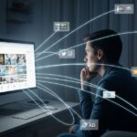 A man at his computer with digital lines and ad icons extending from the screen to other devices, illustrating how do ads follow you around the internet.