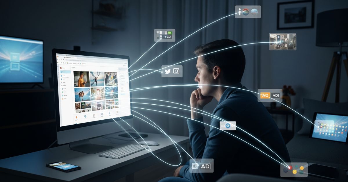 A man at his computer with digital lines and ad icons extending from the screen to other devices, illustrating how do ads follow you around the internet.