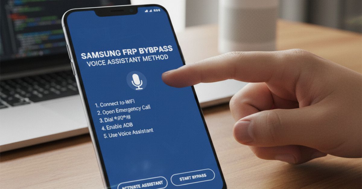 A hand interacts with a Samsung phone displaying "Samsung FRP Bypass Voice Assistant Method" on a desk with a laptop and smart speaker in the background.