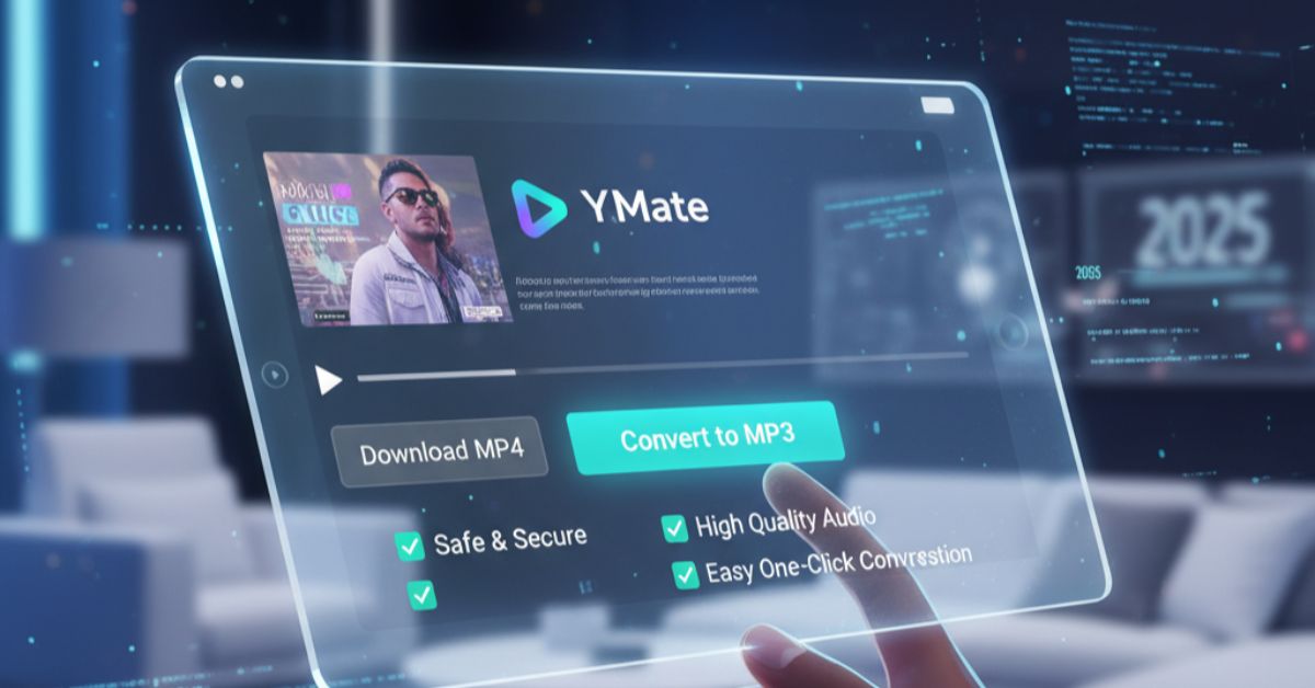 A hand interacts with a transparent tablet displaying a video converter, highlighting "Convert to MP3" and features like "Safe & Secure," representing a Y2Mate to MP3 Converter in a futuristic setting.