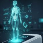 An image showcasing "AO Scan Technology" with a device projecting a holographic human body and various data points, all within a futuristic, dark blue environment.