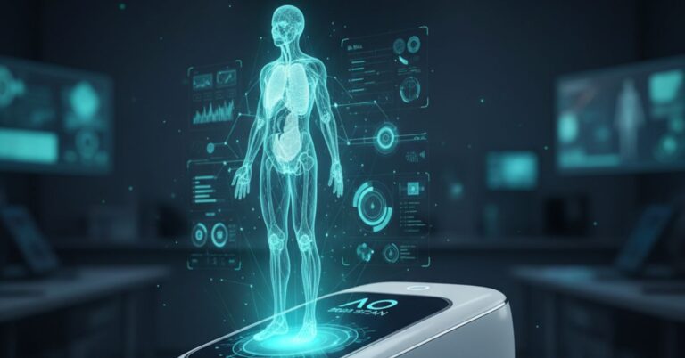 An image showcasing "AO Scan Technology" with a device projecting a holographic human body and various data points, all within a futuristic, dark blue environment.