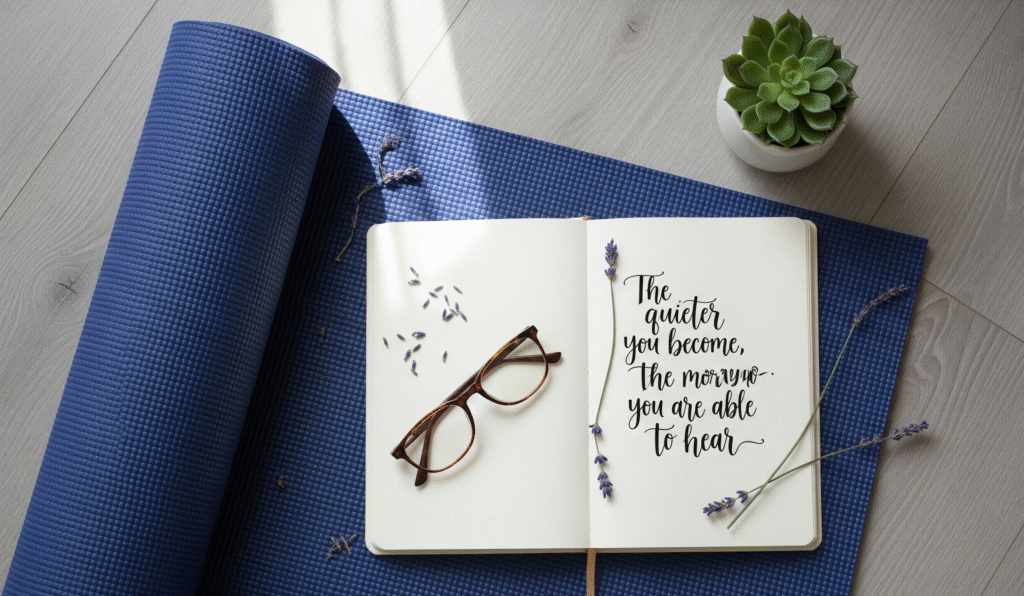Journal with written savasana quotes on a yoga mat, showing a practical way to use the quotes in practice.
