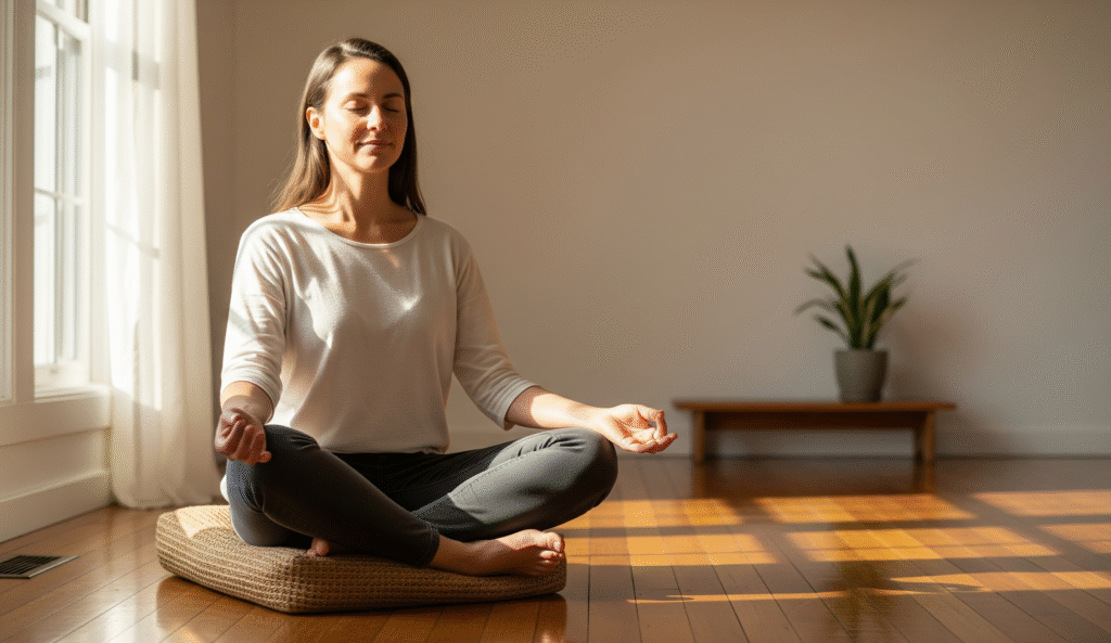 Person meditating peacefully at sunrise, embodying the mindfulness found in savasana quotes.