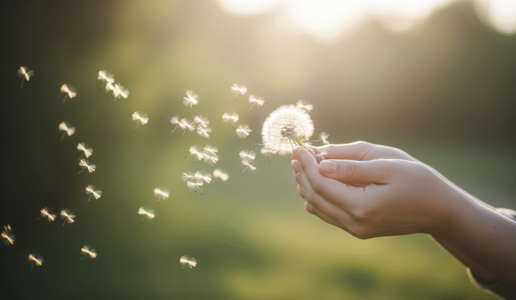 Letting go symbolized by dandelion seeds in the wind, illustrating the theme of savasana quotes on surrender.