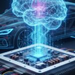 A futuristic image showing a translucent brain overlaid and connected by circuits to an EV motor controller, symbolizing its role as the 'brain' of an electric car.