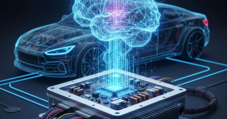 A futuristic image showing a translucent brain overlaid and connected by circuits to an EV motor controller, symbolizing its role as the 'brain' of an electric car.