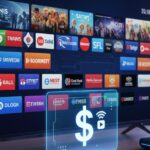 Digital illustration of a TV screen and streaming icons emerging from a U.S. one-dollar bill, representing low-cost One Dollar IPTV service.