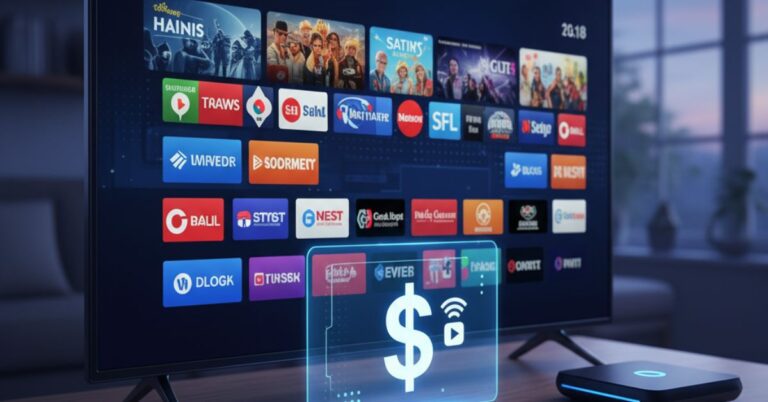 Digital illustration of a TV screen and streaming icons emerging from a U.S. one-dollar bill, representing low-cost One Dollar IPTV service.