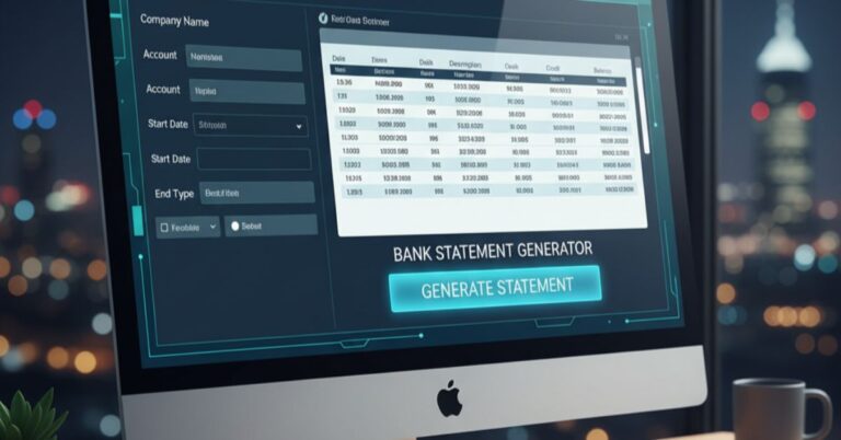 A screen displaying a digital bank statement with transaction details, charts, and a dollar sign icon, representing a bank statement generator.