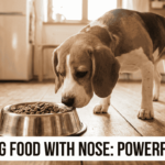 dog pushing food with nose